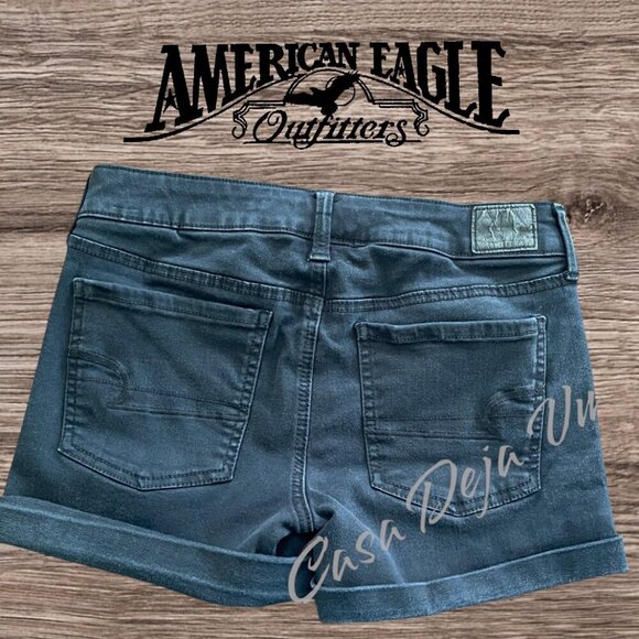 American Eagle Next Level Stretch Dark Wash Denim Fringe Cut-off Shorts - Picture 2 of 7